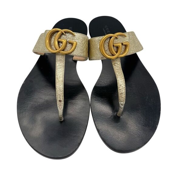 Gucci GG Marmont Gold Crinkle Leather Thong Sandals Size 7 - Picture 2 of 12